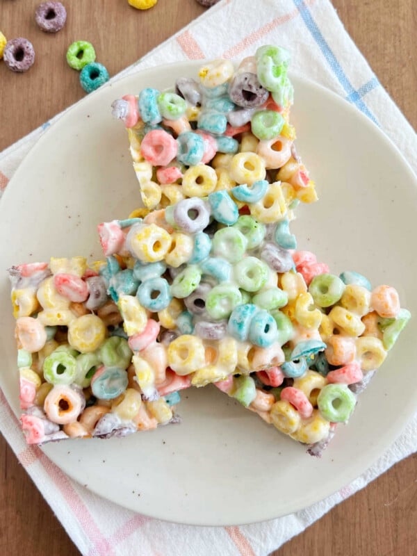 fruit loop bars made with Froot Loops cereal and marshmallows on a plate