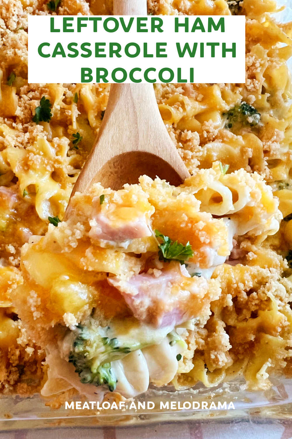 Leftover Ham Casserole made with egg noodles, cheese and broccoli in a creamy sauce is the perfect way to use up leftover holiday ham. This easy recipe makes a delicious dinner for busy weeknights. Your whole family will love this easy dinner! via @meamel