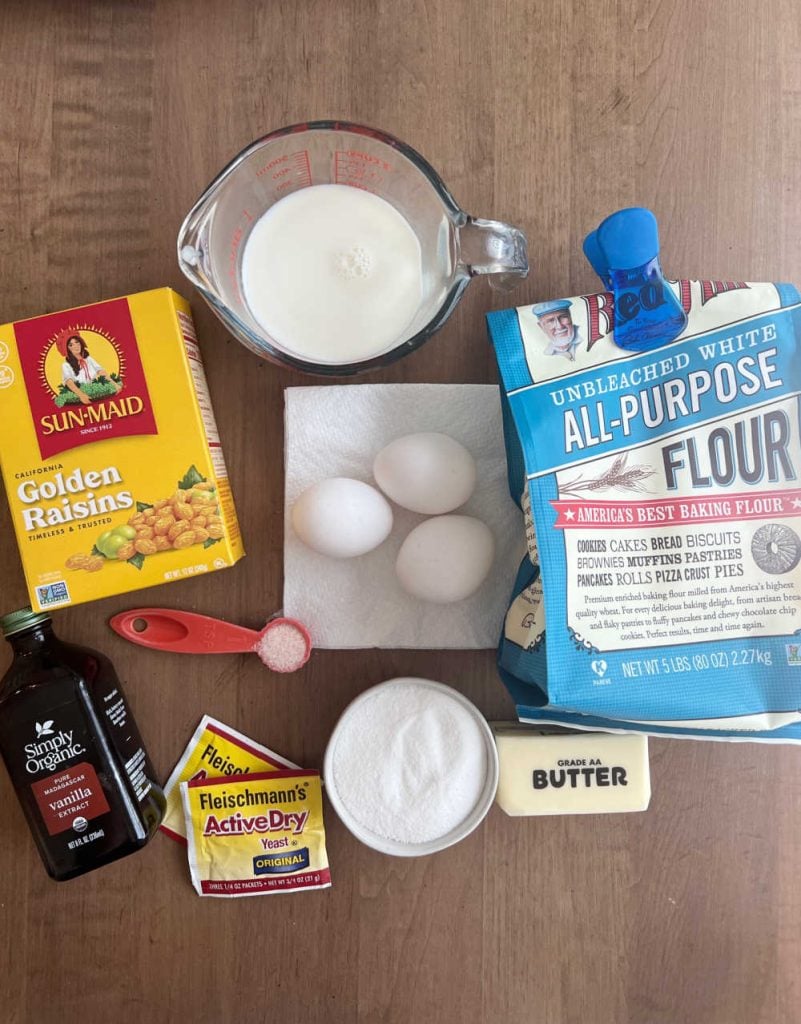 eggs, yeast, milk, flour, butter, sugar, vanilla, salt and golden raisins
