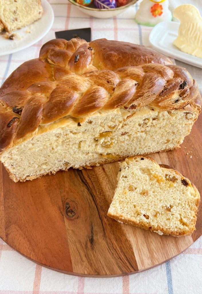 Ukrainian paska bread sliced on Easter table