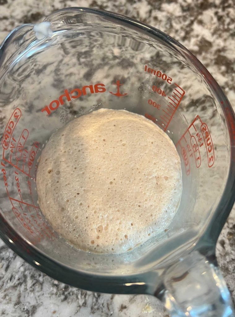 bloom yeast with milk in measuring cup