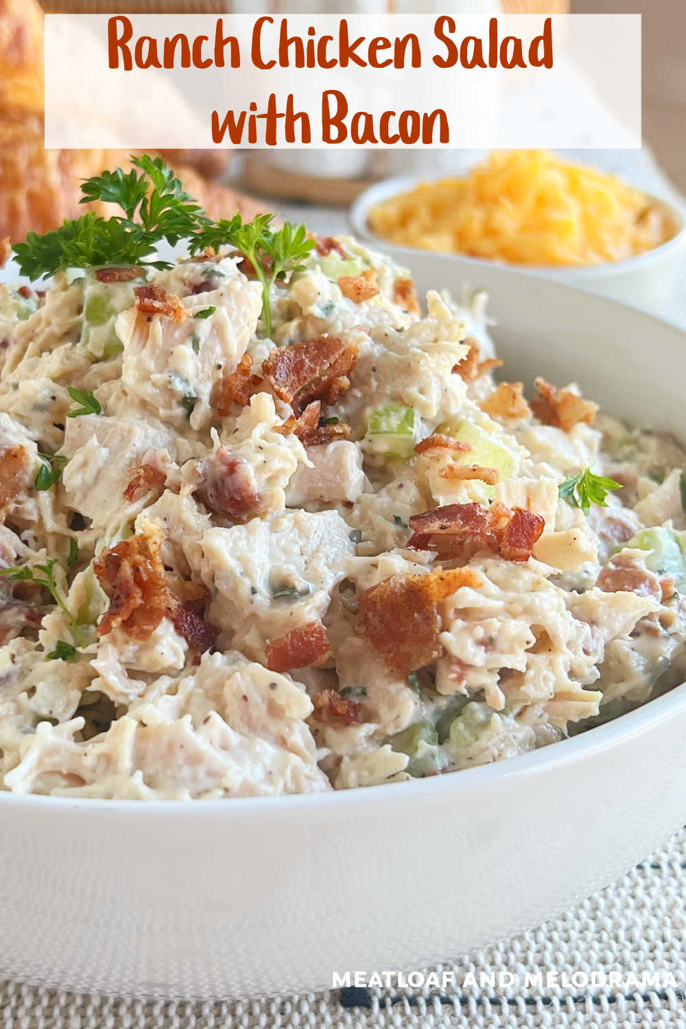 Ranch Chicken Salad with Bacon is an easy recipe for rotisserie chicken salad with ranch dressing mix, mayonnaise, celery and bacon. The whole family will love this delicious chicken bacon ranch salad! via @meamel