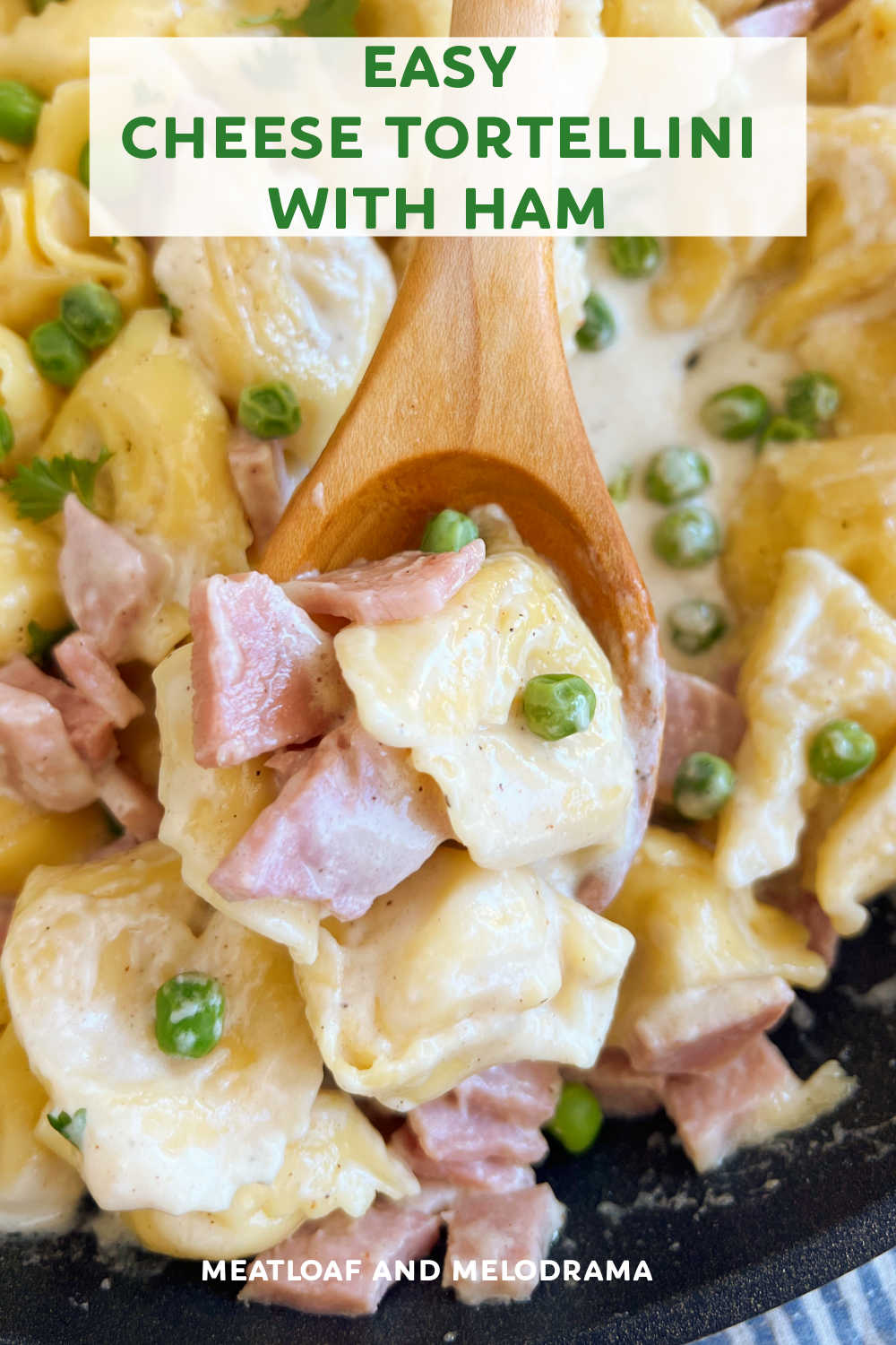 Cheese Tortellini with Ham and Peas is an easy recipe with leftover ham and tender tortellini in a delicious Parmesan cheese sauce. An easy weeknight meal the whole family will love that takes minutes to make! via @meamel