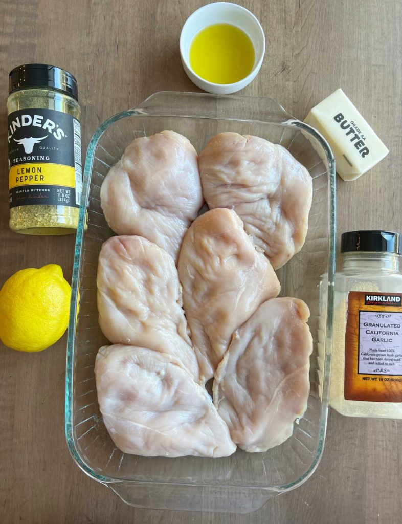 chicken breasts, lemon pepper seasoning, olive oil, butter, lemon and garlic