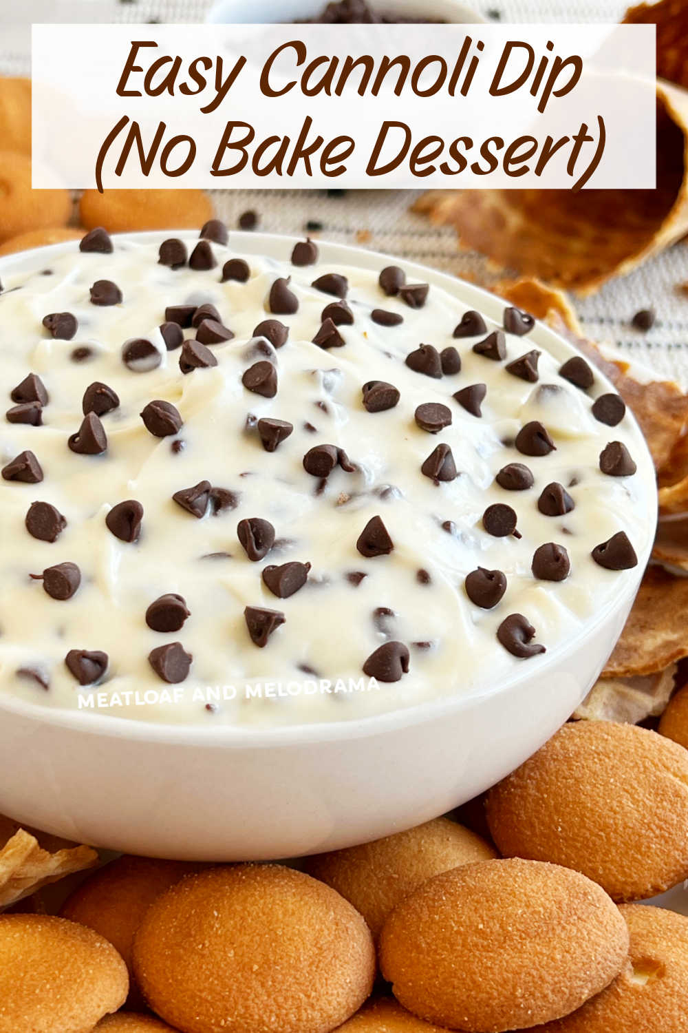 Cannoli Dip is an easy dessert dip with cream cheese, ricotta cheese and mini chocolate chips. An easy recipe for a delicious sweet dip that takes minutes to make! Just serve with your favorite dippers for an easy party treat! via @meamel