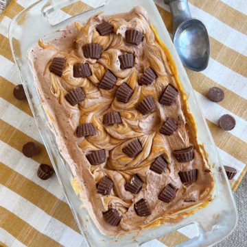 homemade chocolate peanut butter ice cream with mini reese's cups in loaf pan