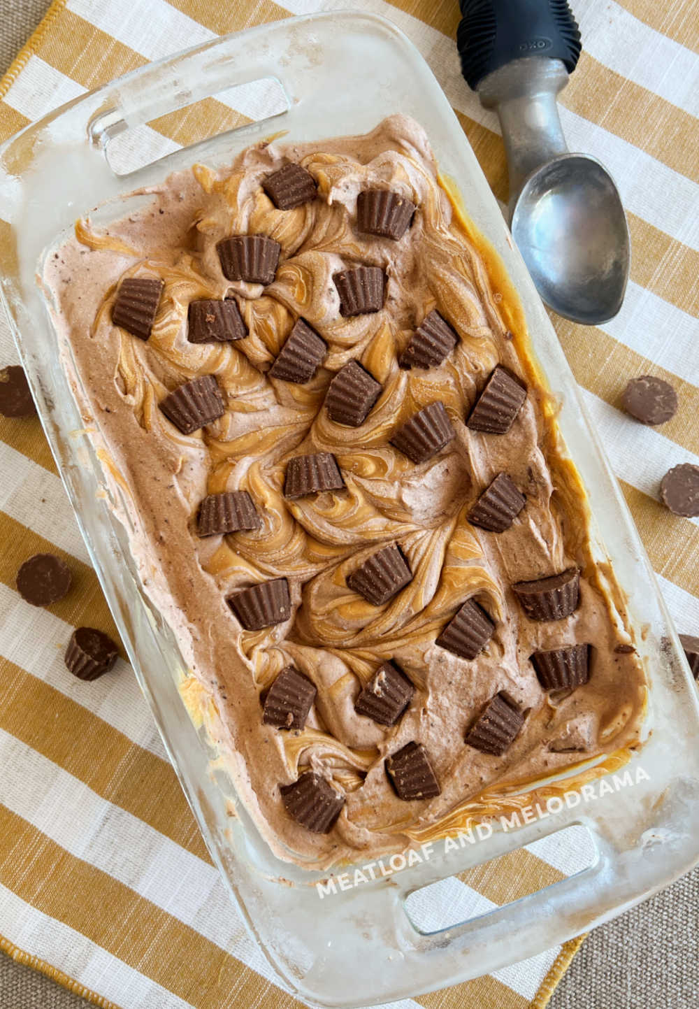 homemade chocolate peanut butter ice cream with mini Reese's cups in loaf pan