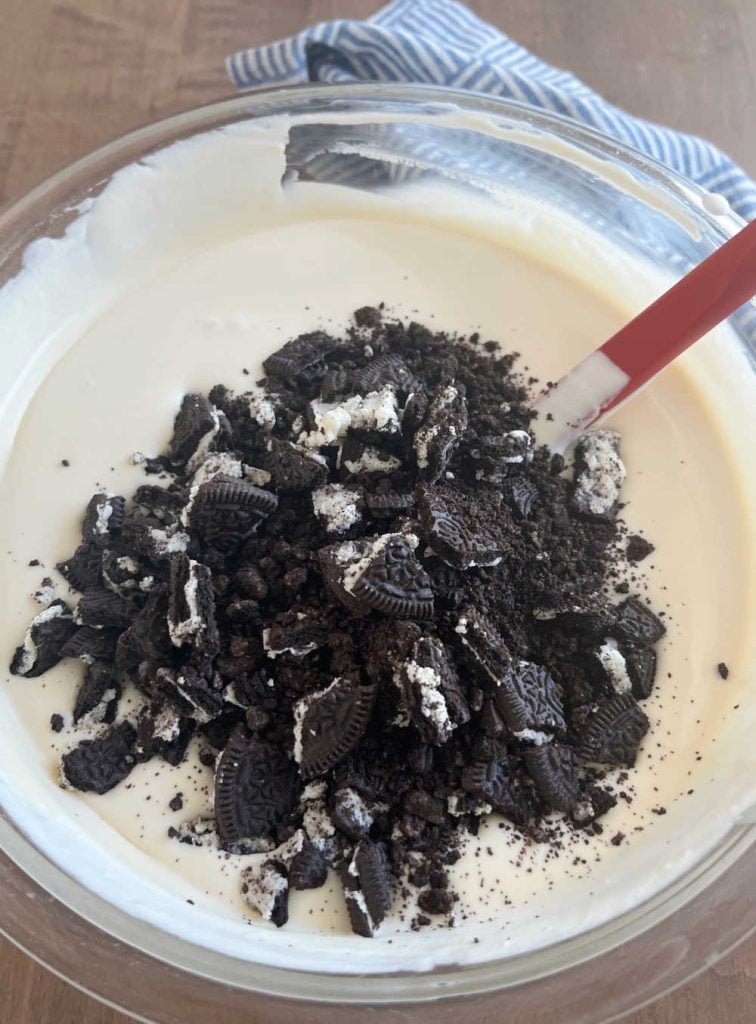 crushed oreos in milk mixture