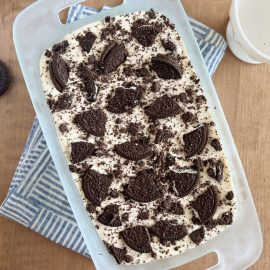 3 ingredient oreo ice cream with oreo cookies on top in bread pan
