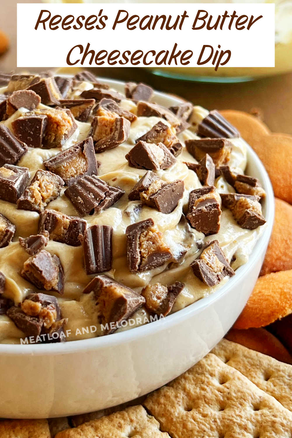 Peanut Butter Cheesecake Dip is a no bake dessert dip that tastes like a Reese's peanut butter cup in dip form. This easy recipe makes a delicious treat or party appetizer everyone loves! via @meamel