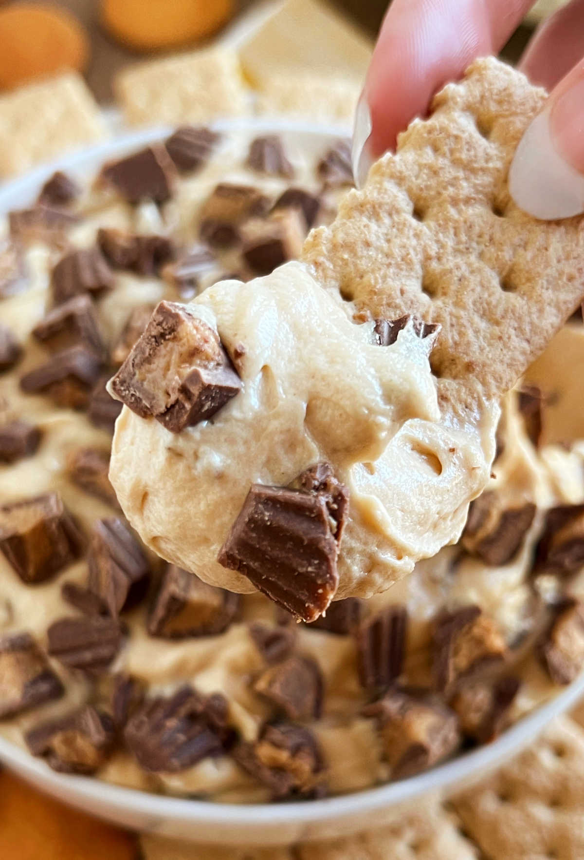 peanut butter cup dessert dip on graham cracker