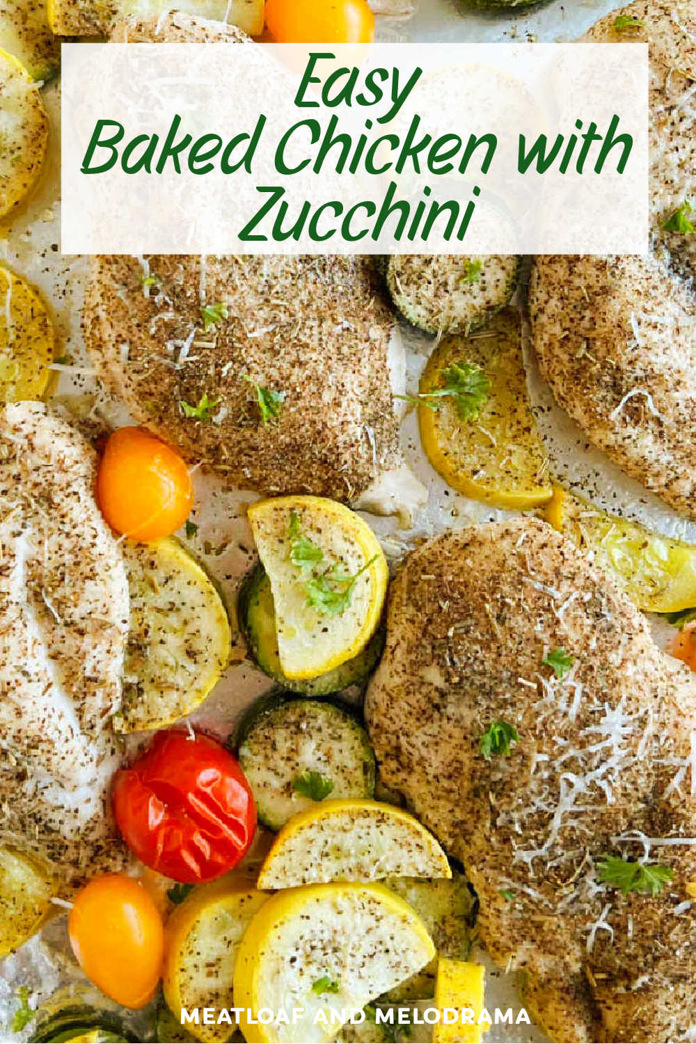 Easy Baked Chicken with Zucchini and yellow squash is an easy sheet pan dinner perfect for busy weeknights. This easy recipe is a great way to use up garden fresh zucchini and takes just 20 minutes to cook! via @meamel