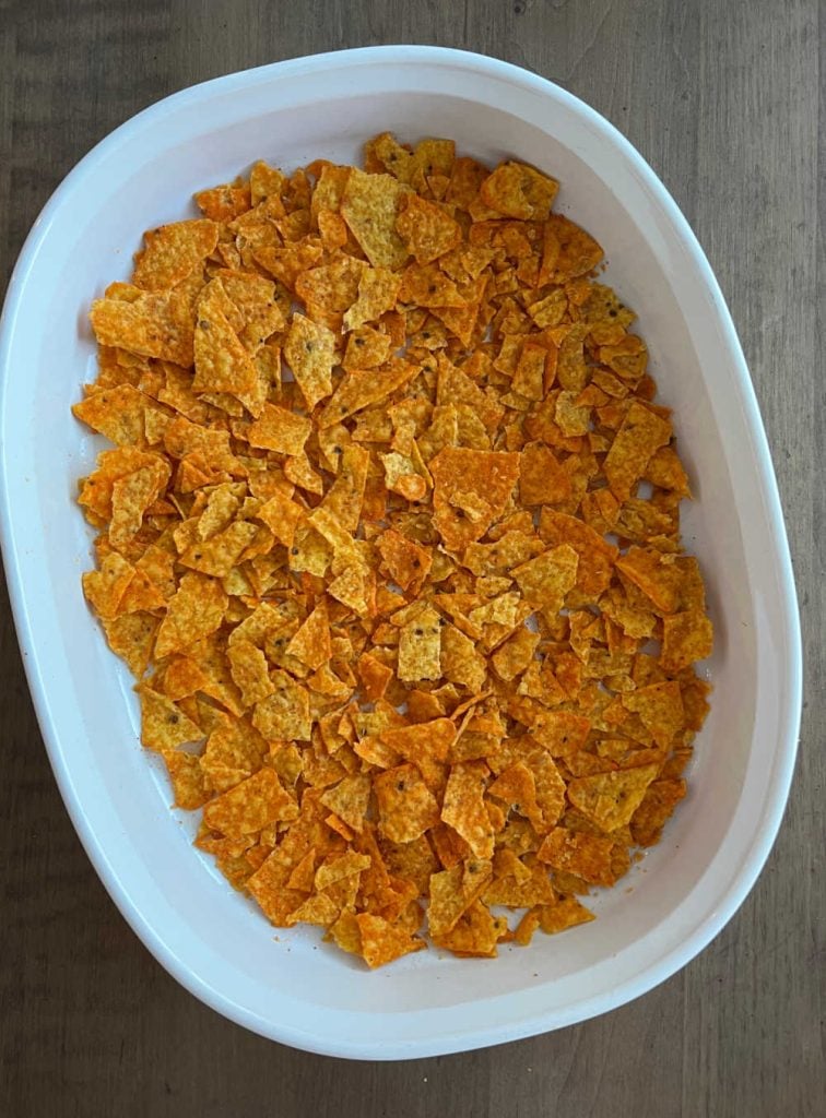 crushed doritos on bottom of baking dish