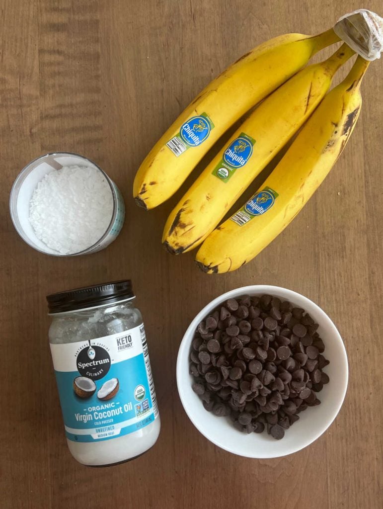 bananas, chocolate chips, coconut oil and flaked sea salt