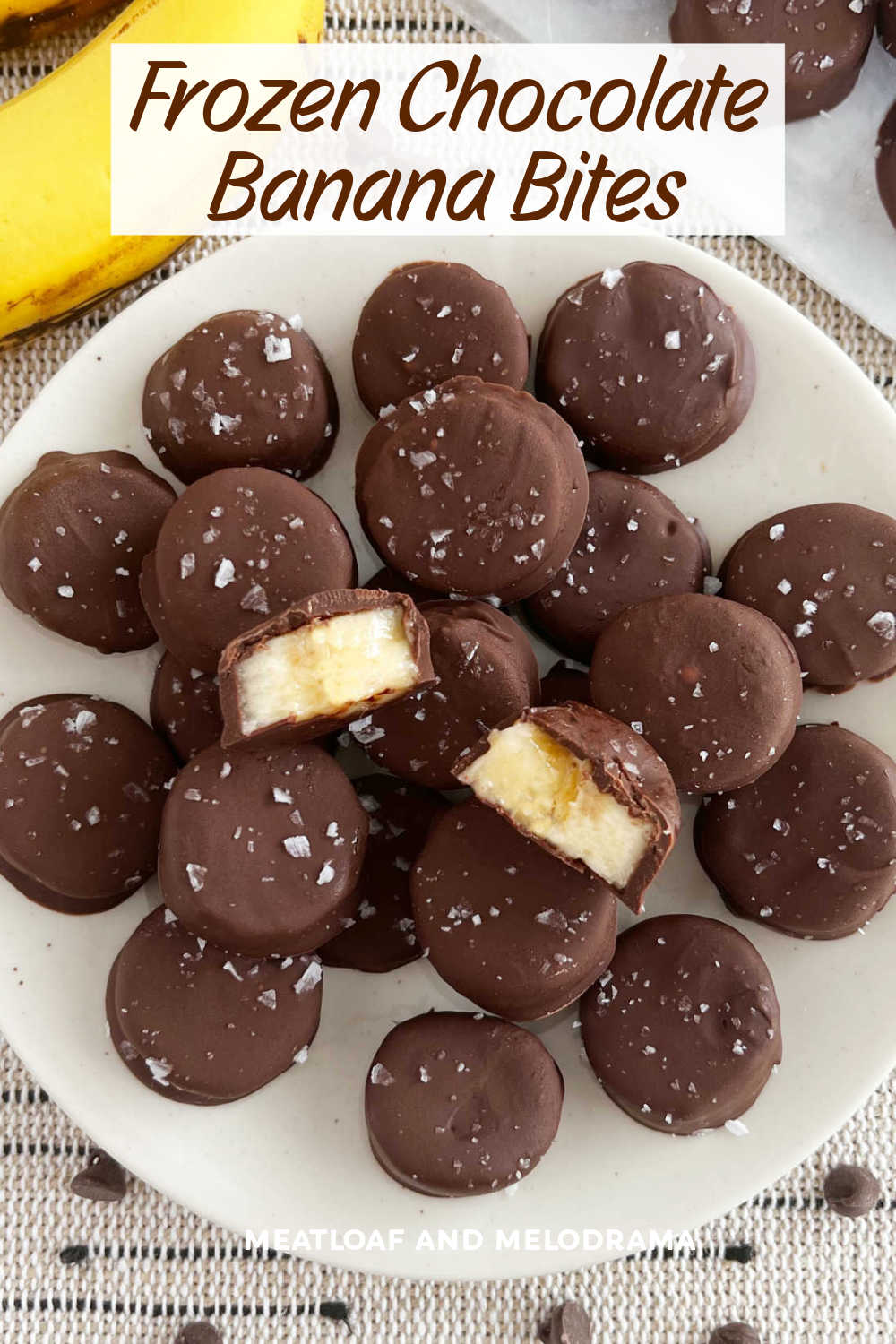 This Frozen Chocolate Banana Bites Recipe is an easy treat made with banana slices dipped in melted chocolate and frozen solid. A healthy snack that tastes like ice cream and is perfect for summer! via @meamel
