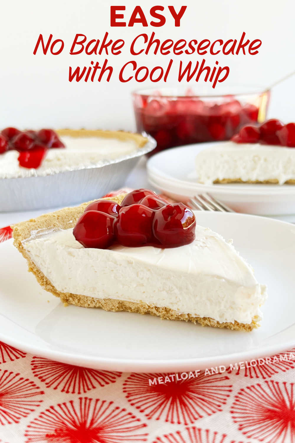 No Bake Cheesecake with Cool Whip is an easy no bake cheesecake recipe with cream cheese, sugar and Cool Whip. The perfect dessert to share at family gatherings, holidays or summer cookouts!  via @meamel