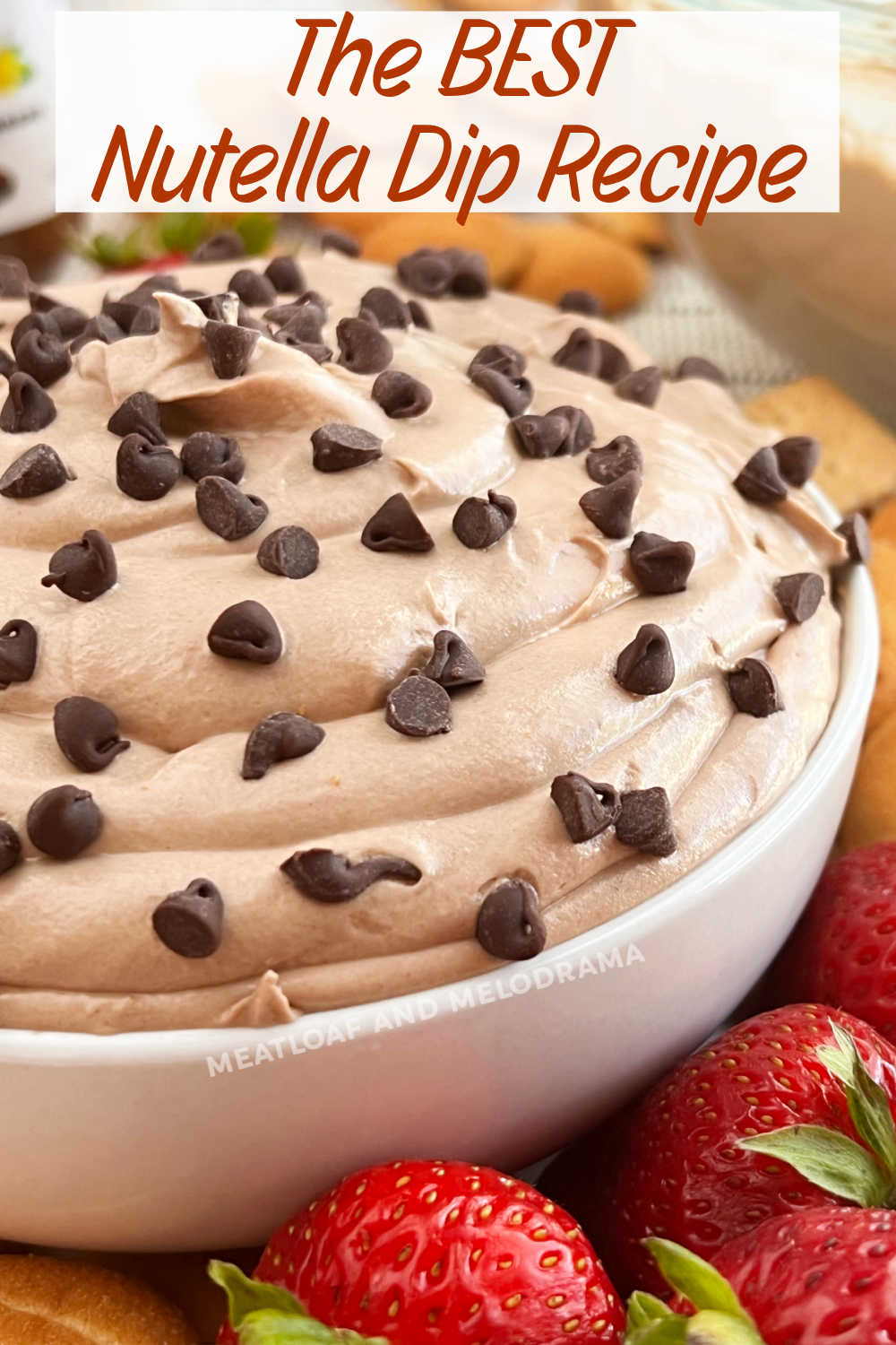 Creamy Nutella Cheesecake Dip with cream cheese and Cool Whip is a delicious dessert dip perfect for fresh fruit and your favorite dippers. This easy cream cheese fruit dip is a family favorite and a fun party treat. via @meamel