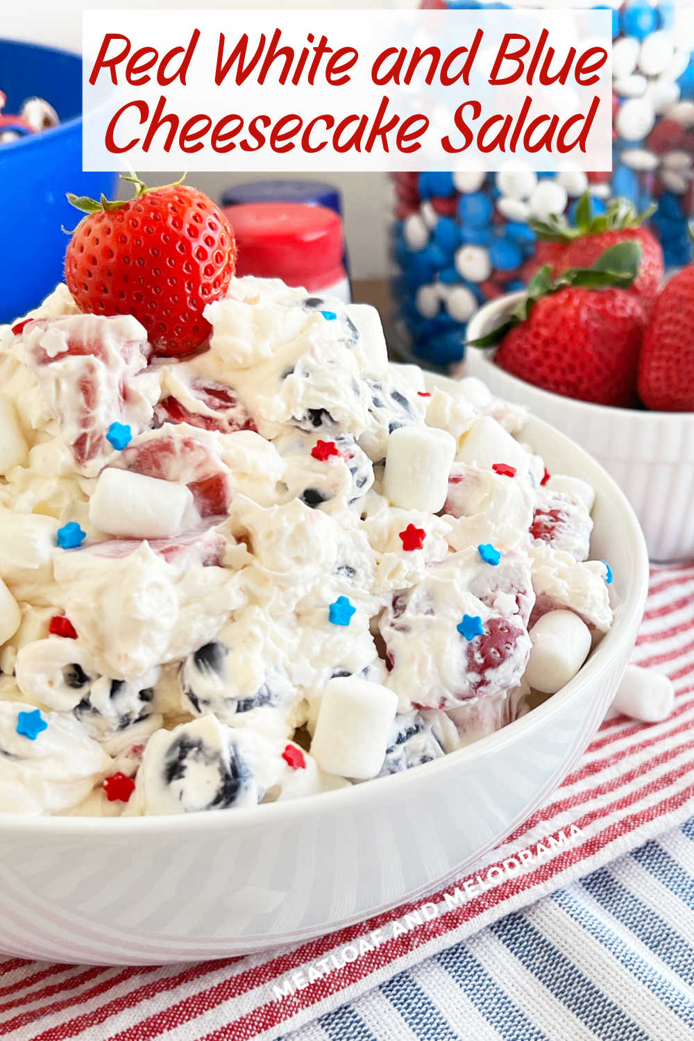 This Red White and Blue Cheesecake Salad recipe is an easy dessert salad with fresh strawberries and blueberries in a creamy cheesecake dressing. The perfect patriotic dessert or side dish for Memorial Day and Fourth of July! via @meamel