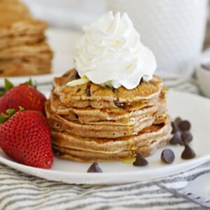 stack of chocolate chip pancakes on a plate