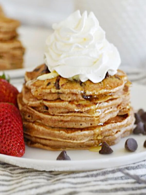 stack of chocolate chip pancakes on a plate