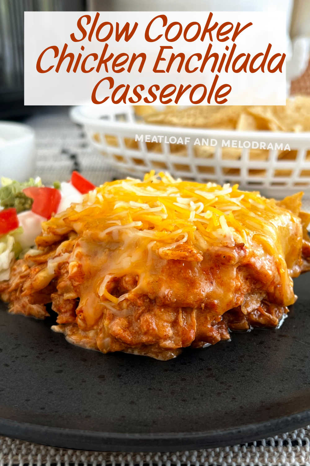 Slow Cooker Chicken Enchilada Casserole is an easy recipe with chicken, red enchilada sauce, cheese and corn tortillas made in the crock pot. The whole family will love this crockpot enchilada casserole for dinner! via @meamel