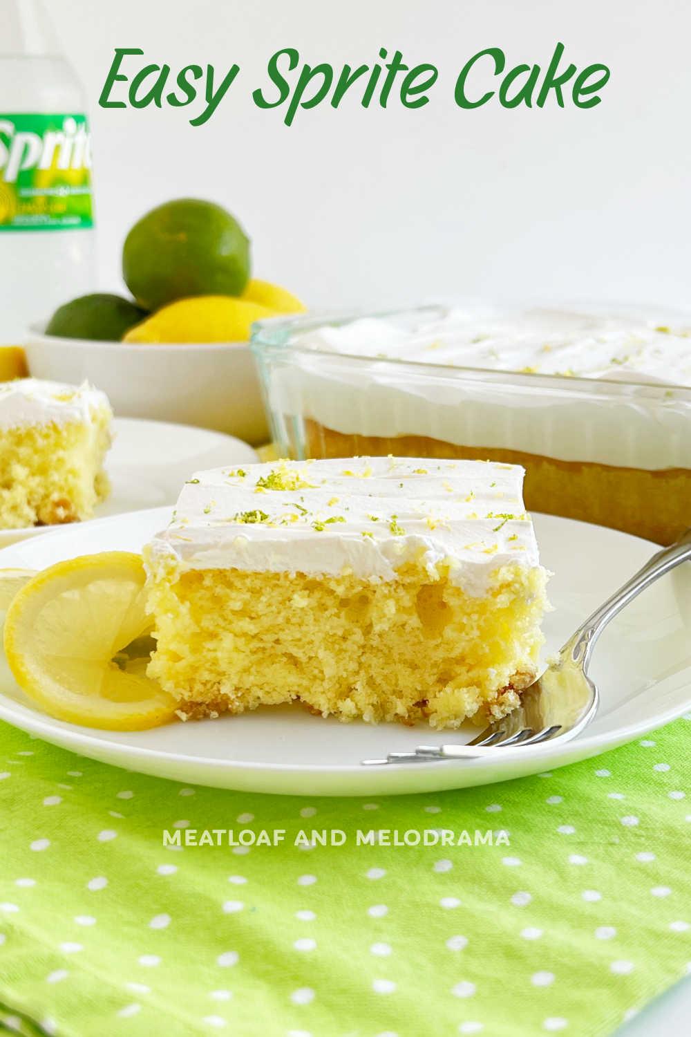 Lemon Lime Soda Cake or Sprite Cake recipe is made with boxed cake mix and a can of soda pop. This 2 ingredient cake made without eggs and without oil is an easy dessert everyone loves!  via @meamel