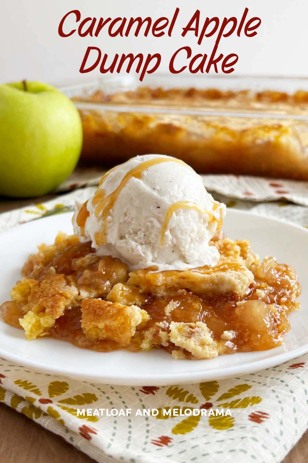 Caramel Apple Dump Cake is an easy dessert made with yellow cake mix, apple filling and caramel bits and baked until golden brown and delicious. This easy recipe makes the perfect fall dessert! via @meamel