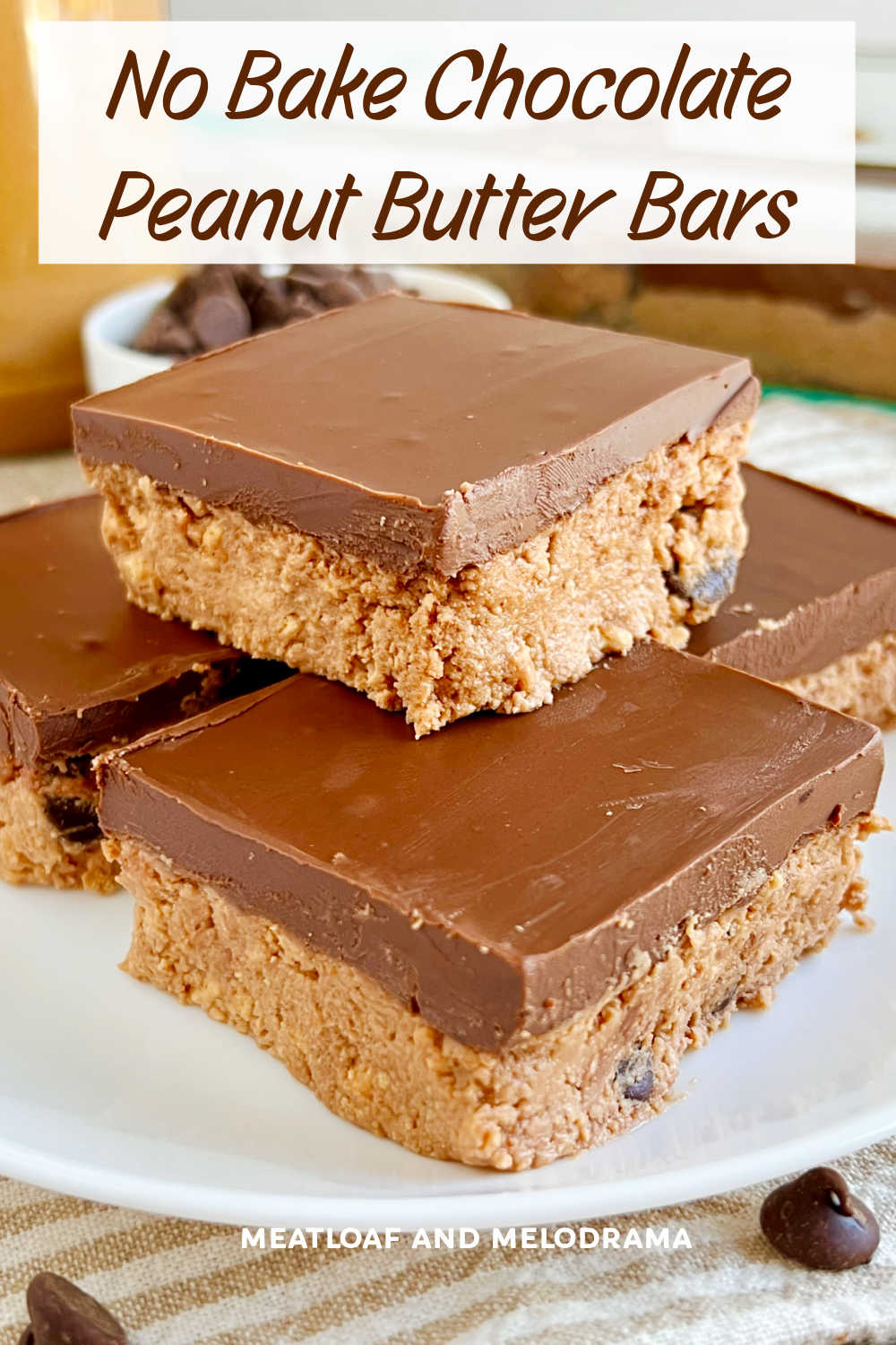 Classic No Bake Chocolate Peanut Butter Bars have a crunchy peanut butter base with smooth chocolate topping. These no-bake peanut butter bars are an  easy dessert or after school treat! via @meamel