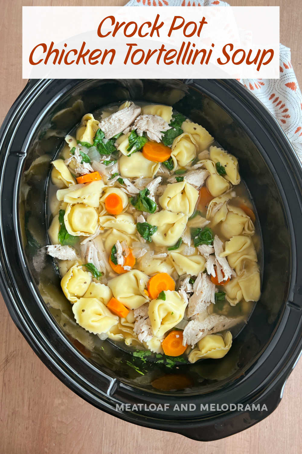 Crock Pot Chicken Tortellini Soup is an easy slow cooker soup recipe with tender chicken, cheesy tortellini and fresh vegetables. The whole family will love this delicious chicken soup! via @meamel