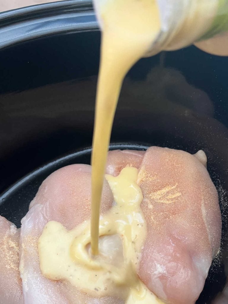 pour bottle of salad dressing on top of chicken in crock pot.