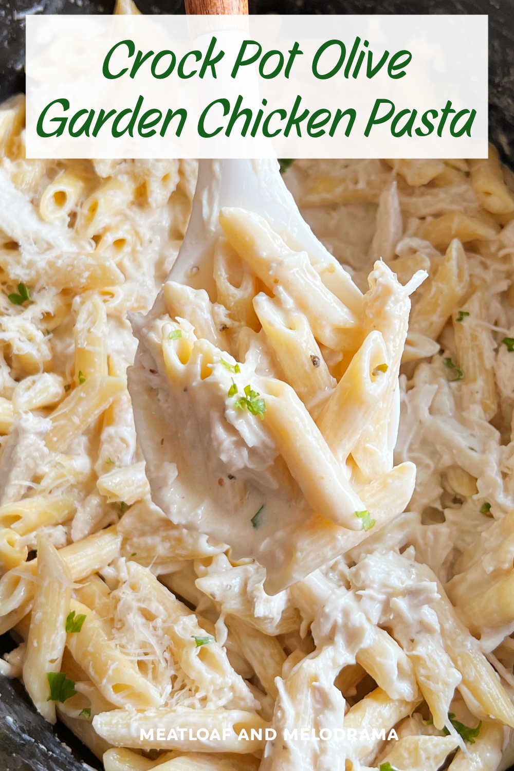 Crock Pot Olive Garden Chicken Pasta is an easy slow cooker chicken recipe with penne pasta cream cheese, Olive Garden dressing and Parmesan cheese. The whole family will love this easy meal -- perfect for busy weeknights! via @meamel