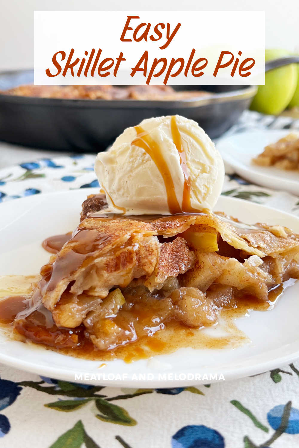 This Easy Skillet Apple Pie recipe with fresh apples and refrigerated pie crust is an easy dessert baked in a cast iron skillet in a delicious caramel sauce.  It's the perfect fall dessert! via @meamel