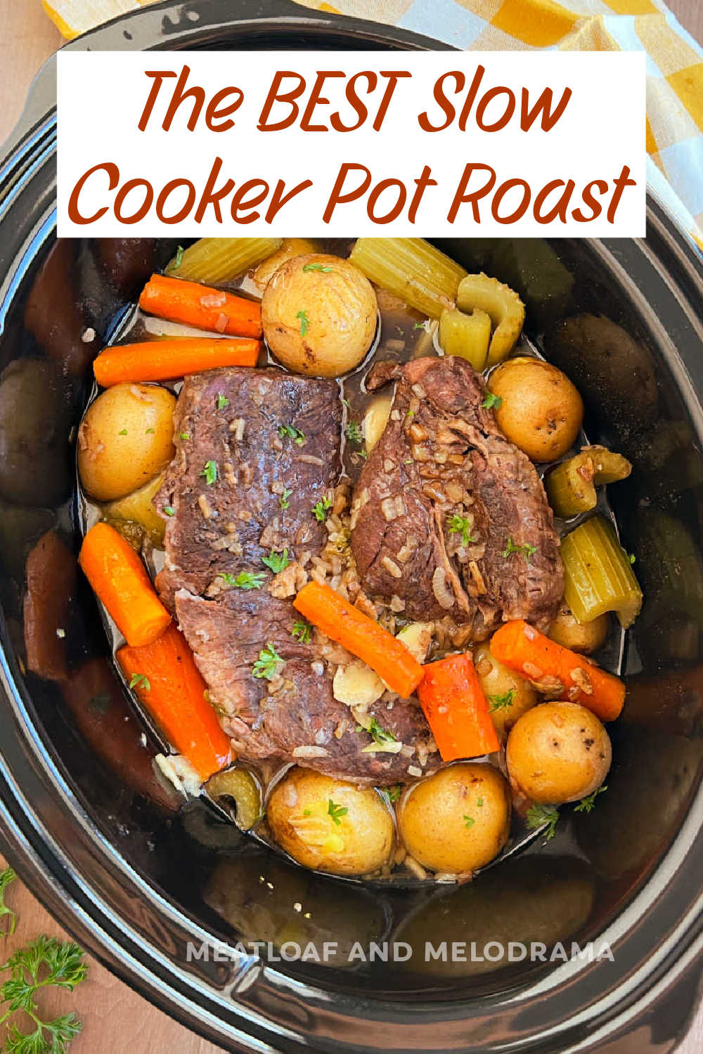 Easy Slow Cooker Pot Roast with onion soup mix, potatoes and carrots cooks on low in the Crock Pot until fork tender and delicious. This easy slow cooker recipe makes the best pot roast! via @meamel
