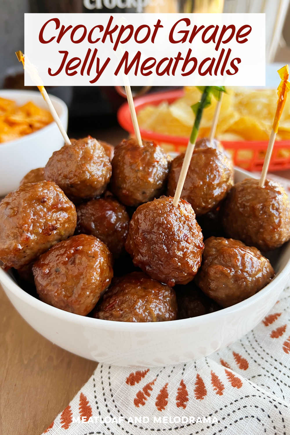 Crockpot Grape Jelly Meatballs is an easy appetizer with frozen meatballs, grape jelly and a bottle of Heinz chili sauce made in the slow cooker. This easy recipe is the perfect appetizer for game day and parties! via @meamel