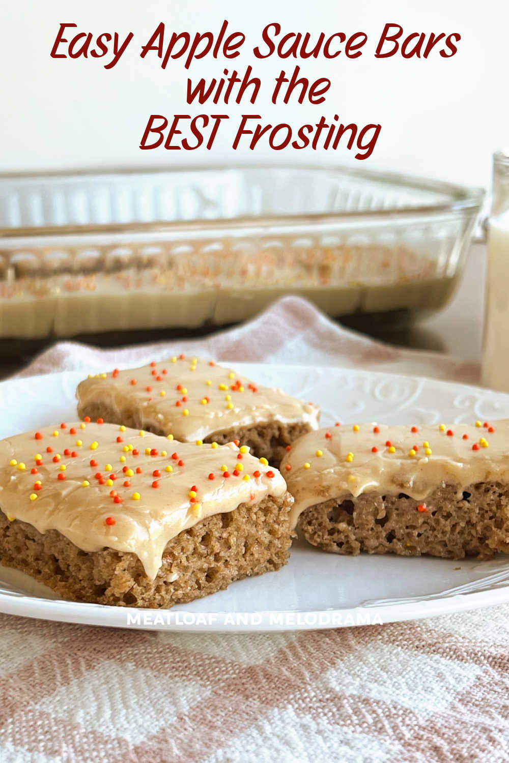 Easy Applesauce Bars recipe with peanut butter cream cheese frosting are soft, cake-like bars with a hint of spice. The perfect fall treat or easy dessert! via @meamel