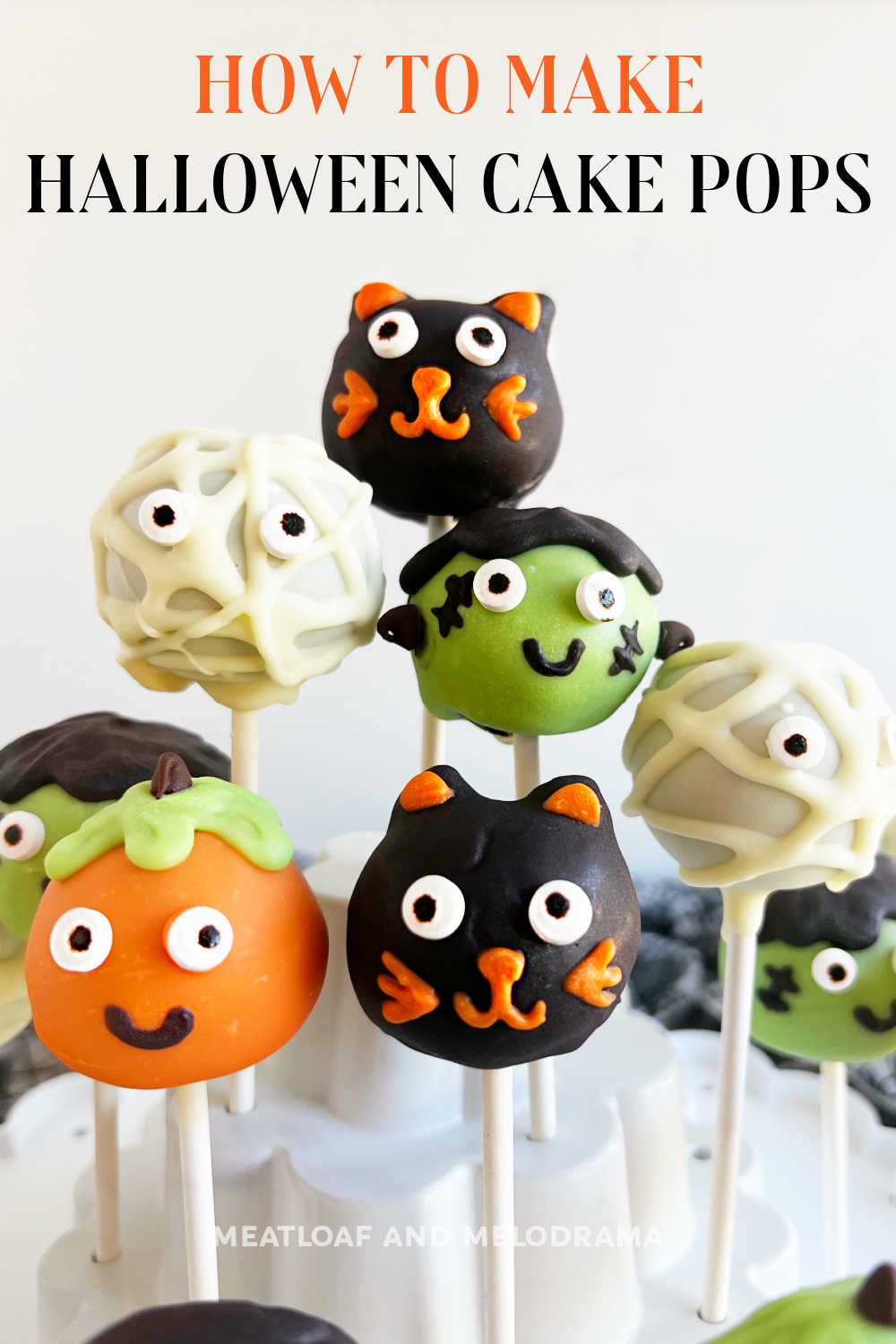 Halloween Cake Pops are a fun Halloween treat made with cake, frosting and candy melts and decorated for spooky season. Perfect for a Halloween Party! via @meamel
