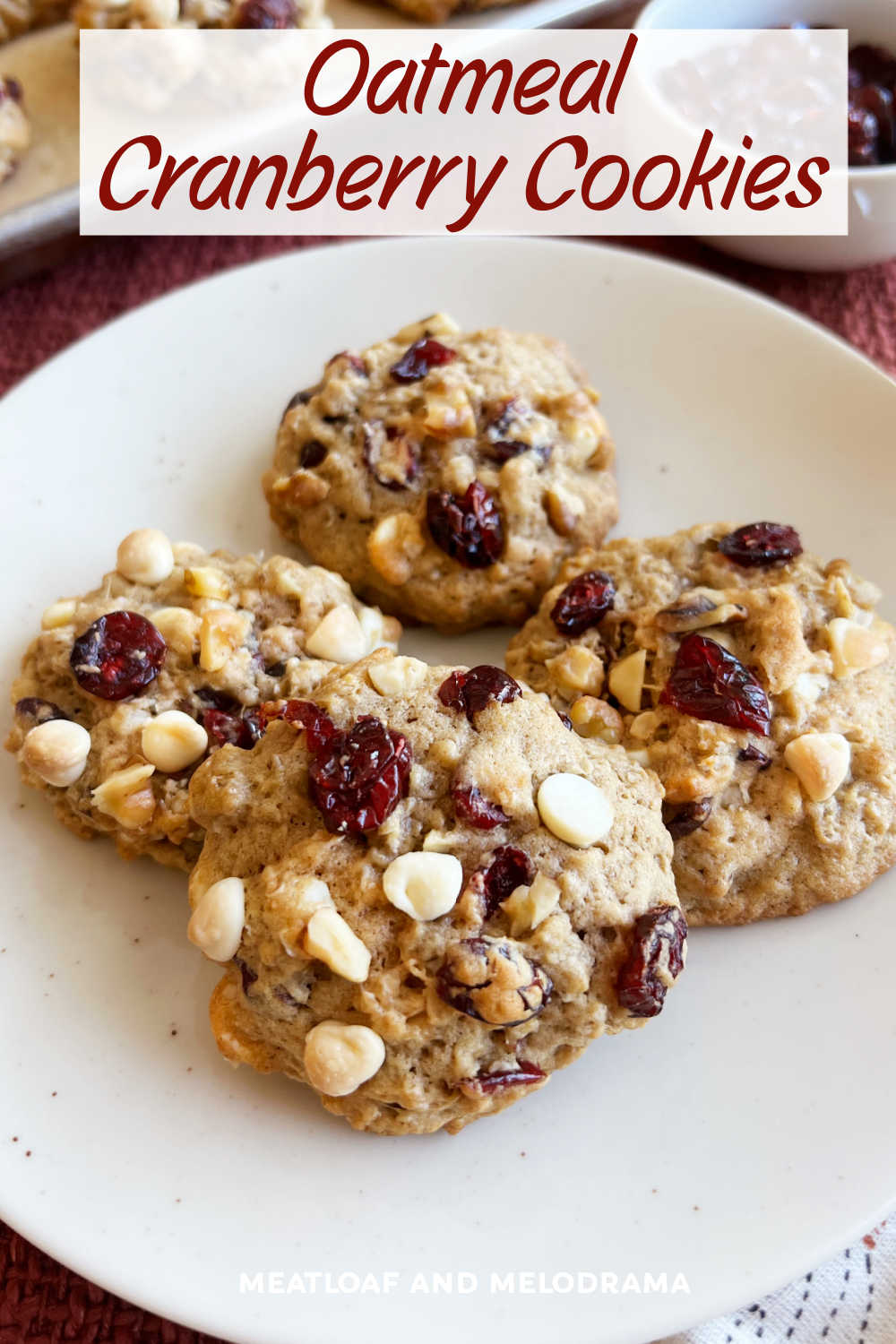 Oatmeal Cranberry Walnut Cookies are oatmeal cranberry cookies loaded with dried cranberries, chopped walnuts and white chocolate chips. These Craisin cookies are soft, chewy and perfect for fall! via @meamel