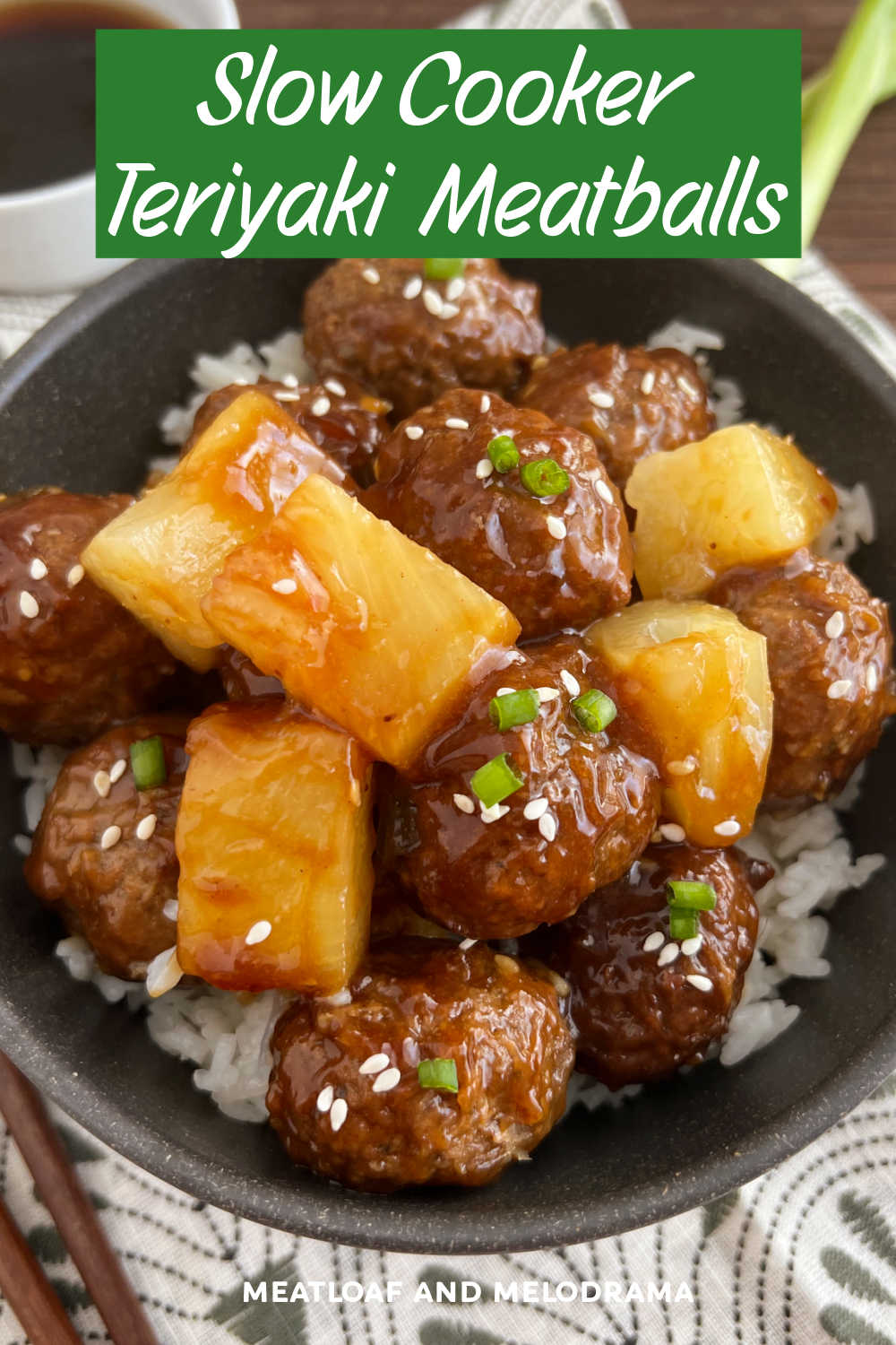 Slow Cooker Teriyaki Pineapple Meatballs is an easy recipe with frozen meatballs, teriyaki sauce and pineapple chunks made in the crock pot. This family favorite is perfect for busy weeknights! via @meamel