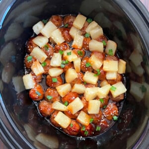 slow cooker teriyaki meatballs with pineapple in crockpot