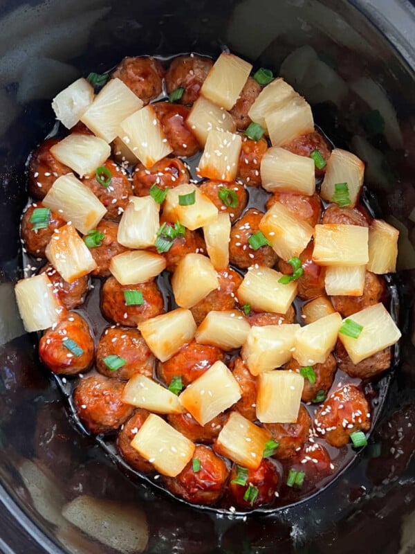 slow cooker teriyaki meatballs with pineapple in crockpot