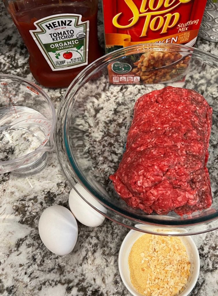 ground beef, box of stove top stuffing mix, ketchup, water, eggs, seasonings.