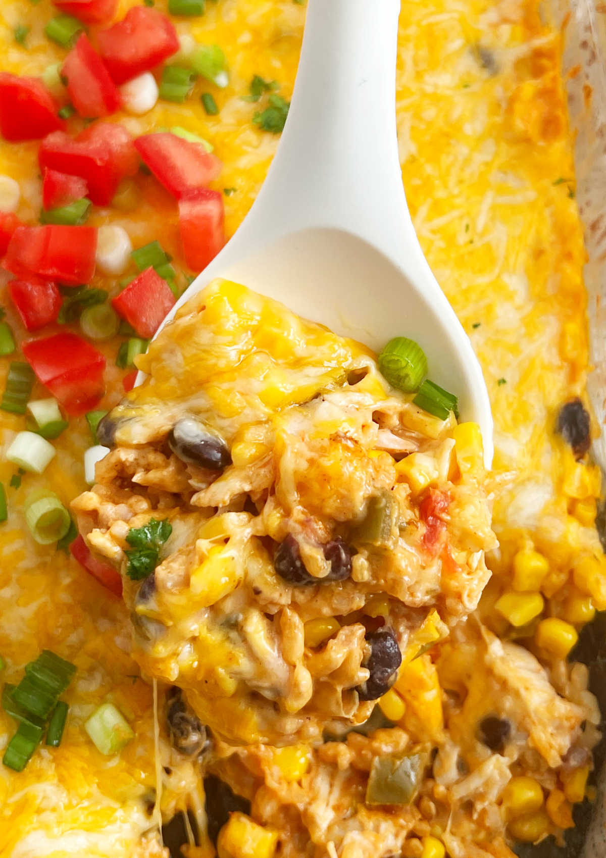 fiesta chicken casserole with rice, black beans and corn on a serving spoon.