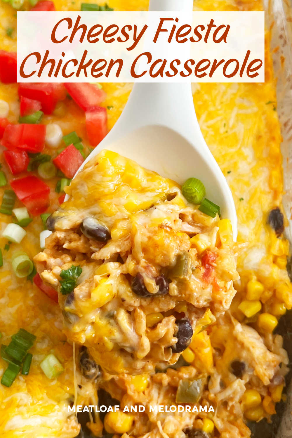 Fiesta Chicken Casserole is an easy chicken casserole recipe with rice, rotisserie chicken, corn, black beans, salsa and lots of cheese. A delicious dinner the whole family loves! via @meamel