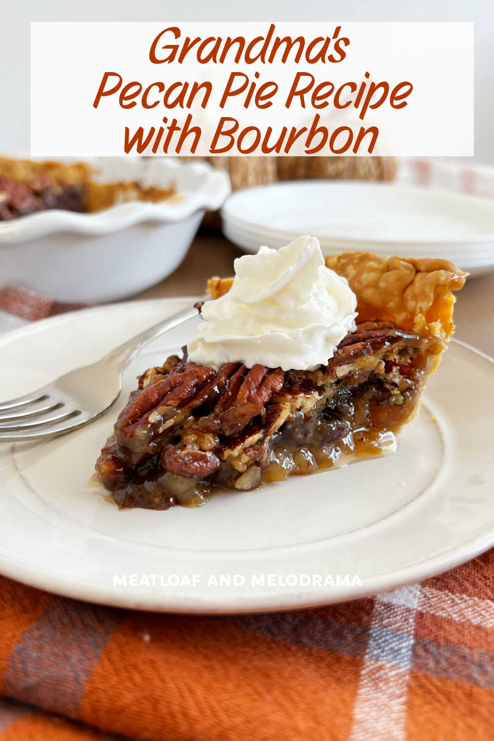 Grandma's pecan pie recipe with bourbon and chocolate chips is an easy dessert perfect for Thanksgiving dinner and the holiday season. A family favorite! via @meamel
