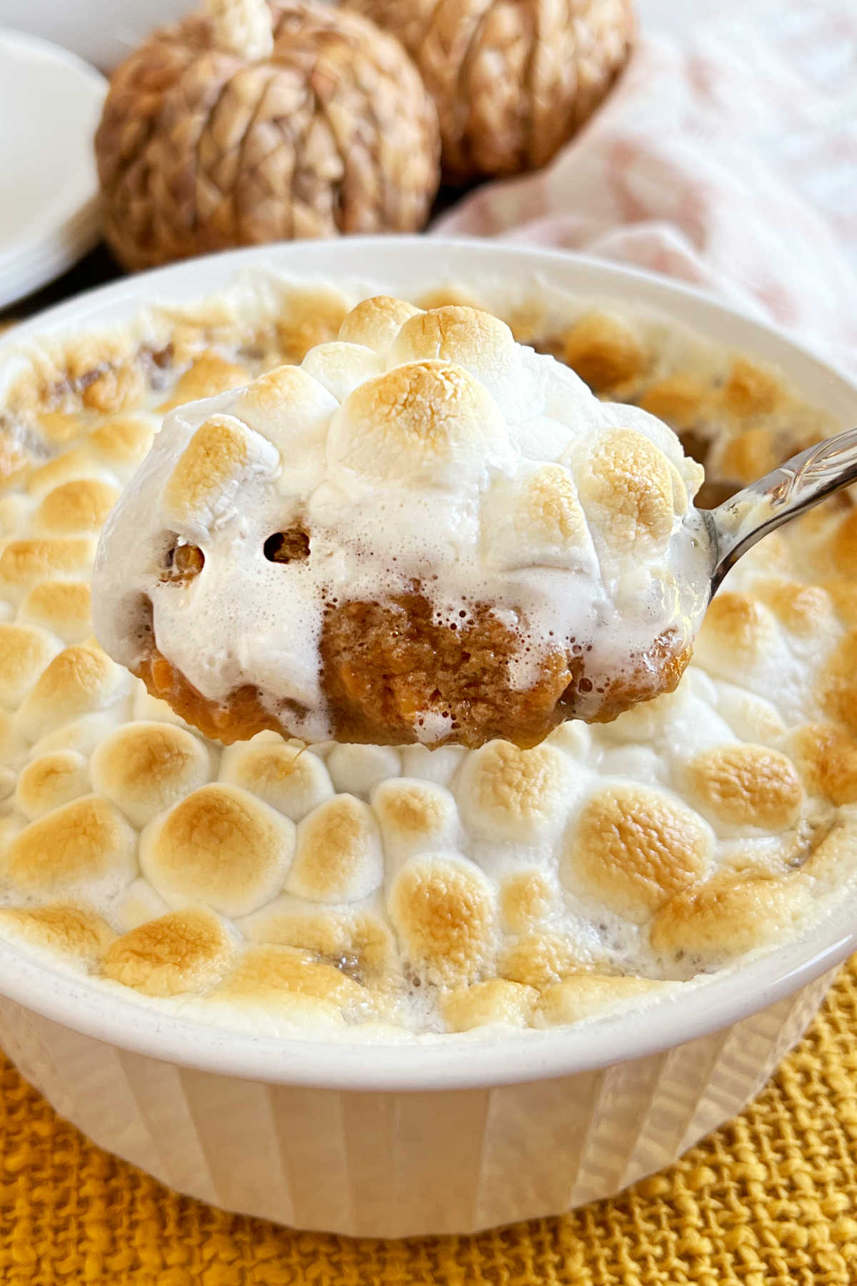 canned sweet potato casserole with marshmallow topping on spoon.