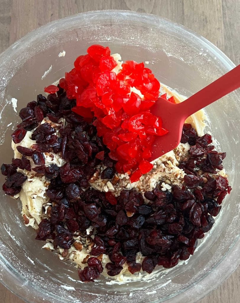 stir chopped cherries and pecans in cookie dough.
