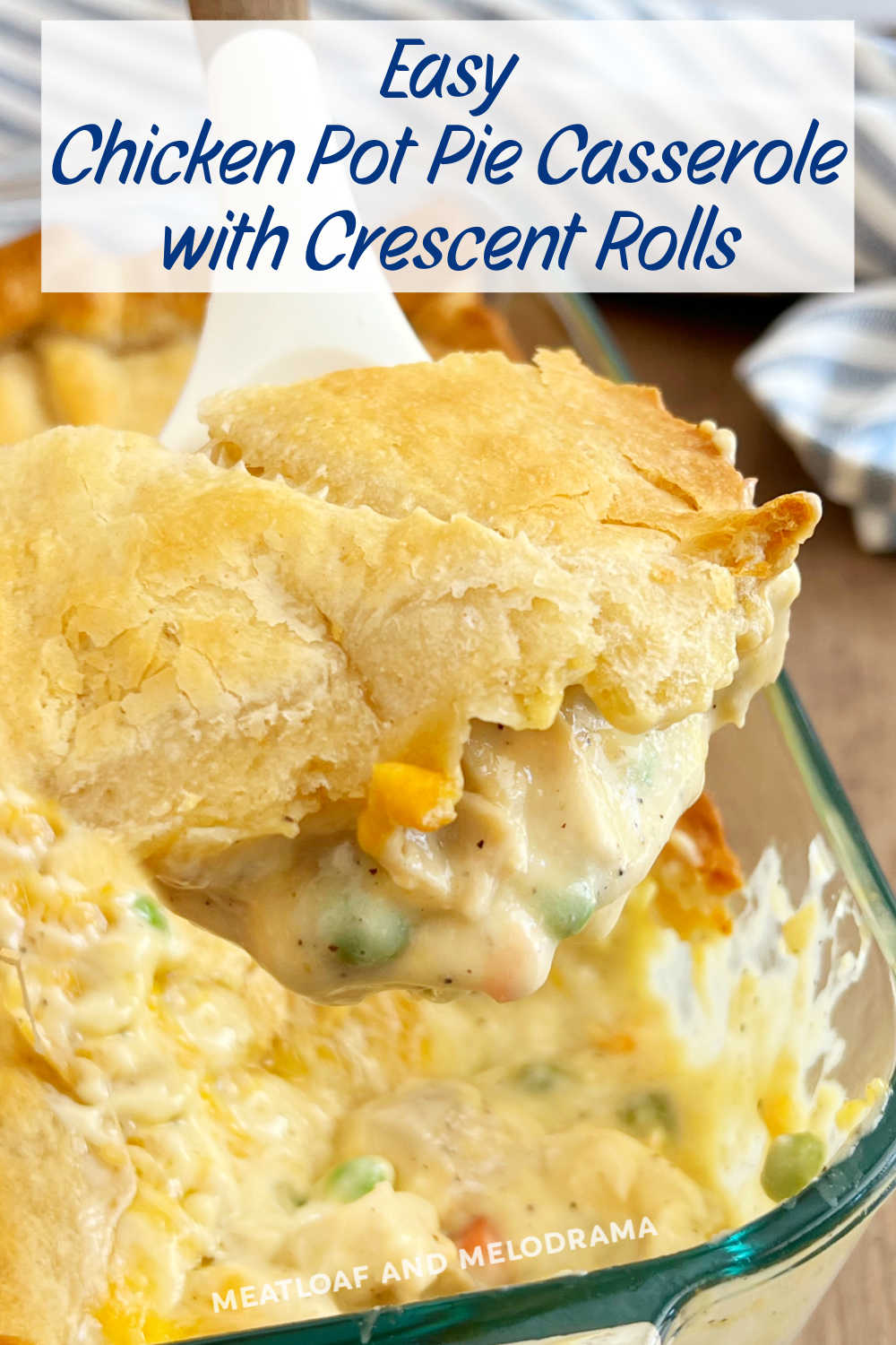 This Chicken Pot Pie Casserole with crescent rolls is an easy chicken pot pie recipe with rotisserie chicken and cream of chicken soup under a crescent roll crust.  Your entire family will love this easy recipe, and it's a great way to use up leftover chicken! via @meamel