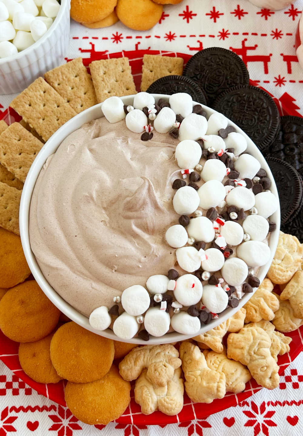 hot cocoa mix with mini marshmallows and mini chocolate chips with dippers.