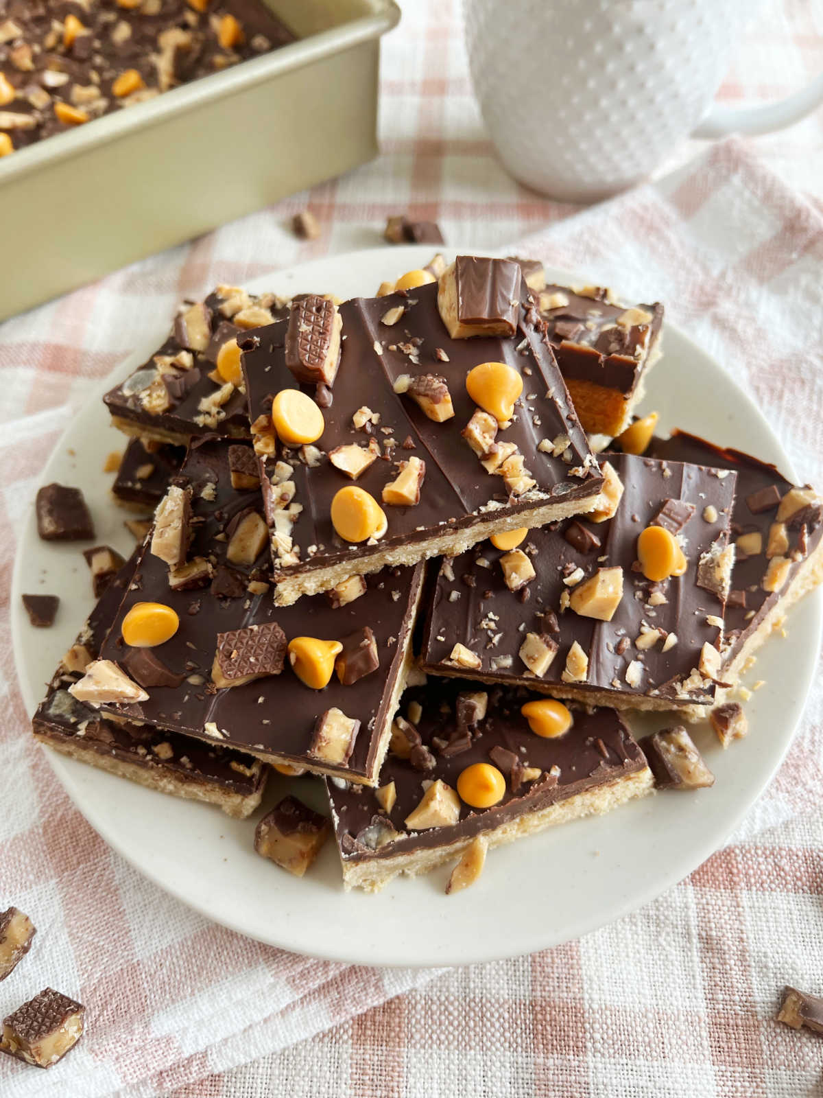 easy toffee bars with shortbread crust on a plate.