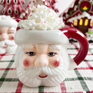 peppermint hot cocoa with whipped cream and crushed candy canes in a Santa mug.